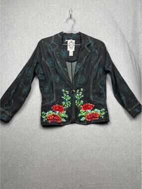 Y2K 90s Denim Embroidered Floral Jean Blazer Jacket Womens M Grunge Goth